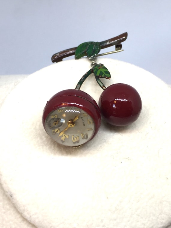 Dangling Cherry Enamel 40's Watch Pin Brooch