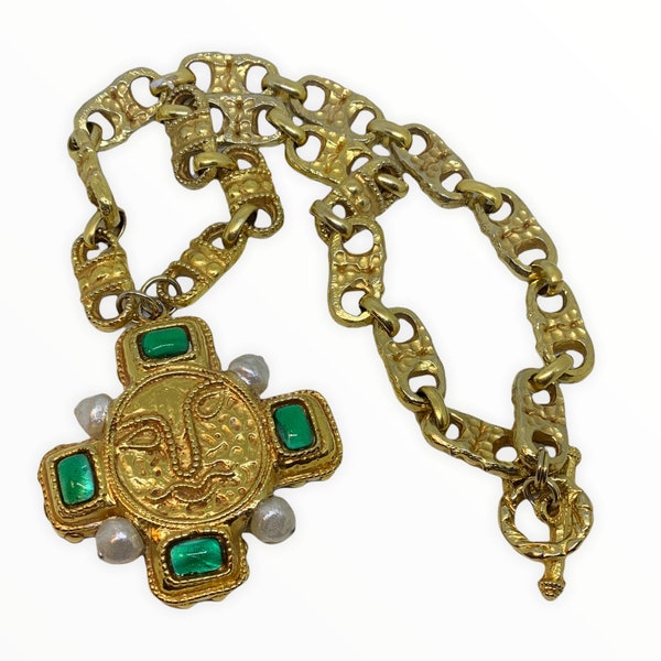 Kalinger Paris made in France huge cross green glass pendant necklace