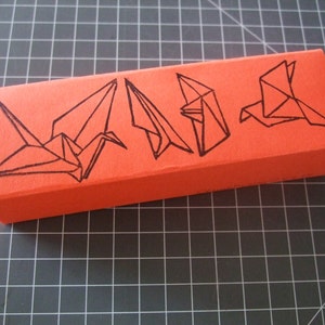 Origami Hand carved rubber stamp set for totebag stamping image 1