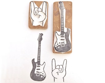 Stratocaster Guitar and Mosh Raise the Horns - Hand carved rubber stamp set