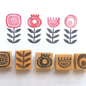 Fiori scandinavi - Set di timbri in gomma intagliati a mano - Design floreale retrò - Regalo per la mamma