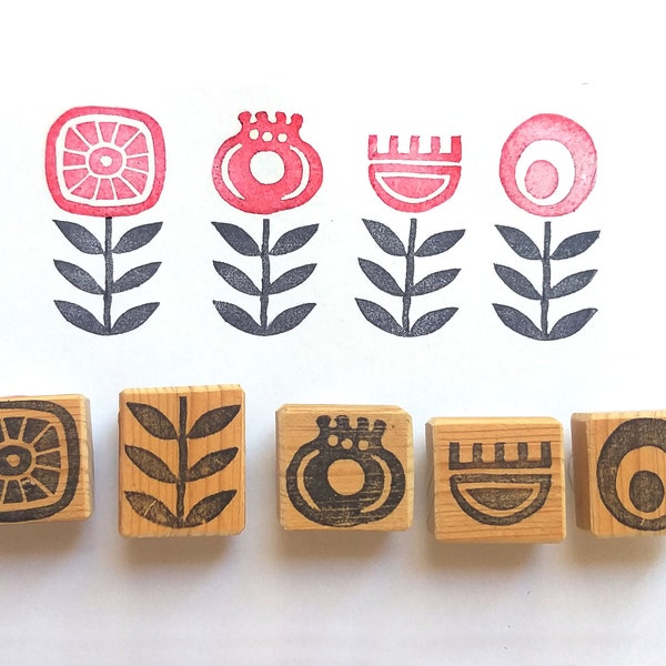 Scandinavian Flowers - Hand carved rubber stamp set - Retro Floral Design - Gift for Mom