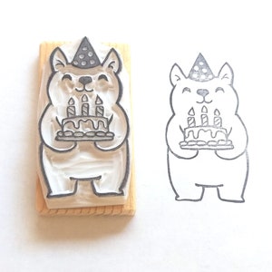Buon compleanno Kitty - Gatto che porta una torta con le candeline - Timbro in gomma intagliato a mano - Regalo per le feste
