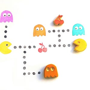 Pacman Game Hand Carved Stamp Set - Unmounted - Gift for Children