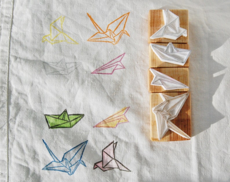 Origami Hand carved rubber stamp set for totebag stamping image 2