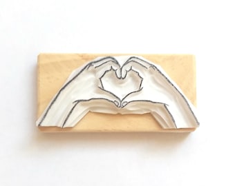Hand Carved Heart Hands Rubber Stamp - Gift for Mom