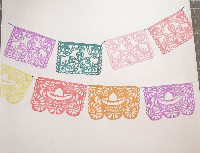 Los Papeles Picados for Dia de los Muertos Day of the Dead Hand carved rubber stamp set image 2