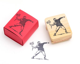 Banksy - Flower Thrower - Hand carved rubber stamp - Gift for boys