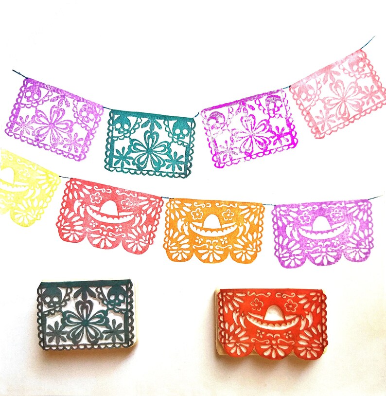 Los Papeles Picados for Dia de los Muertos Day of the Dead Hand carved rubber stamp set image 1