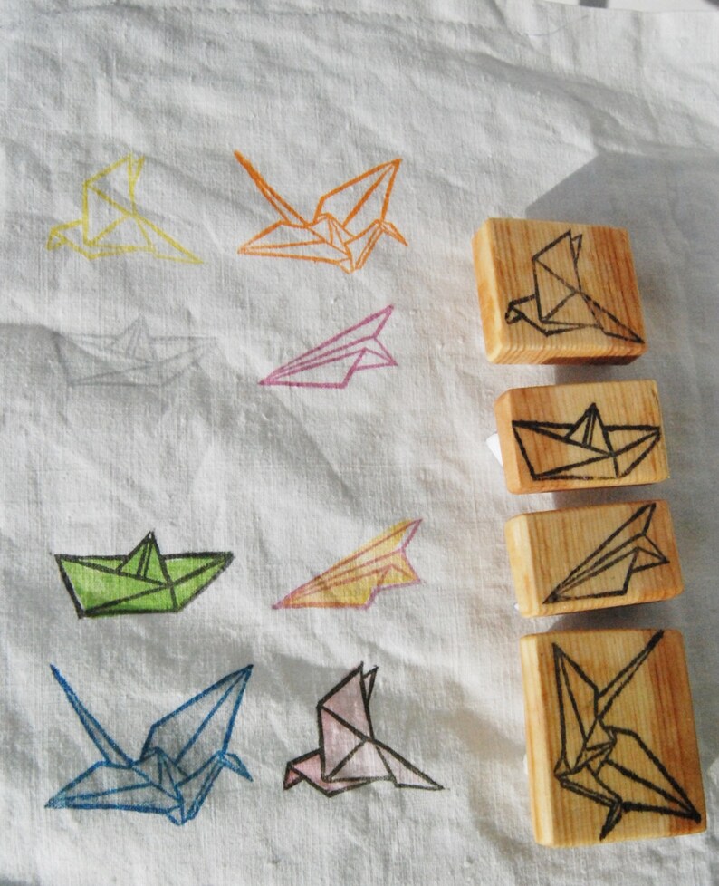 Origami Hand carved rubber stamp set for totebag stamping image 3
