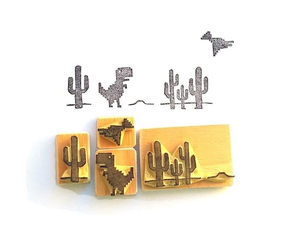 Offline T Rex Game Dino Run Hand Carved Rubber Stamp Set