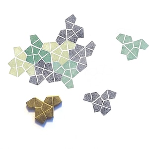 Könnte beinhalten: Abstrakter geometrischer Kunstdruck mit Clustern von Polygonformen in Grün-, Grau- und Goldtönen vor weißem Hintergrund. Die Formen sind in einem verstreuten Muster angeordnet und erzeugen eine moderne und künstlerische Komposition.