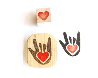 Love in Sign Language - Hand and Heart - Hand carved rubber stamps - Gift for Mom