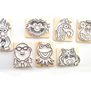 Kermit Miss Piggy Animal Gonzo Fuzzie Beaker and Dr Bunsen - Inspired by Muppet Show and Sesame Street - Hand carved rubber stamp set