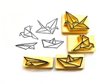Figuras de origami de paloma, grúa, barco y avión - Juego de sellos de goma tallados a mano para estampar bolsos de tela.