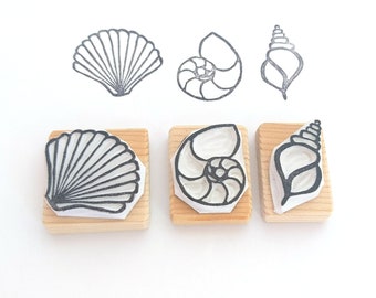 Scallop shell Conch shell and Nautilus or Seashells on the Sea Shore - Trendy Hand carved rubber stamp set Gift for Mom