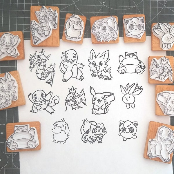 Pikachu, Bulbasaur, Lillipup, Oddish, Snorlax, Psyduck, Jigglypuff, Gyarados, Magikarp, Squirtle, Charmander - Pokemons - Hand carved stamps