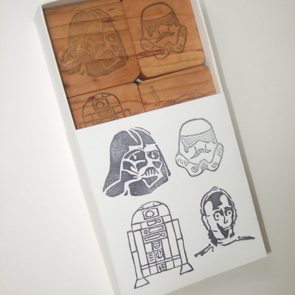 Star Wars 1 - Hand carved rubber stamp set - Darth Vader , R2-D2 , C-3PO and a Storm trooper - Gift for a Geek Friend