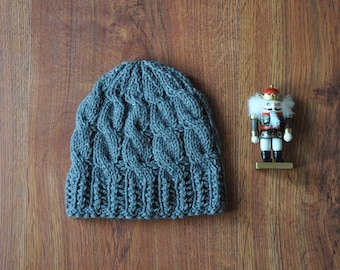 heather gray hand knit hat / acrylic cable knit beanie / chunky knit winter hat