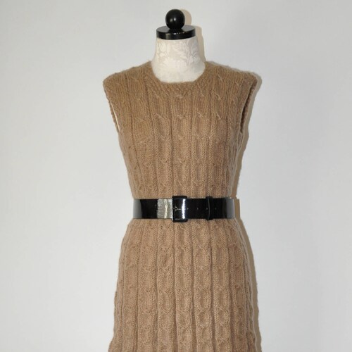 Handknit shops sleeveless sweater / neutral cable knit tunic dress / cafe latte wool mohair vest