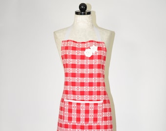 red gingham full bib apron / red and white plaid chef apron / handmade snowflake full apron