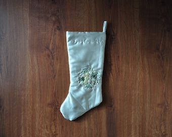 elegant holiday stocking / white christmas stocking / floral embroidery stocking