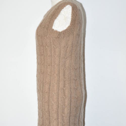 Handknit shops sleeveless sweater / neutral cable knit tunic dress / cafe latte wool mohair vest