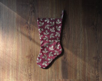 holly christmas stocking / gold and burgundy stocking / elegant holiday stocking