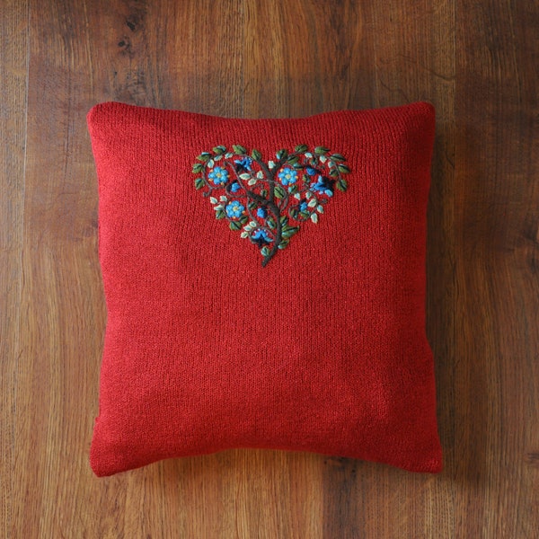 red knit accent pillow cover / embroidered throw pillow / love tree decorative cushion / floral heart pillow case