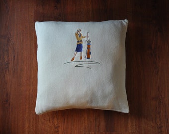 golfing flapper girl pillow cover / cream Art Deco accent pillow case / knit decorative cushion / minimalist bedroom decor