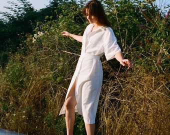 White linen shirt dress