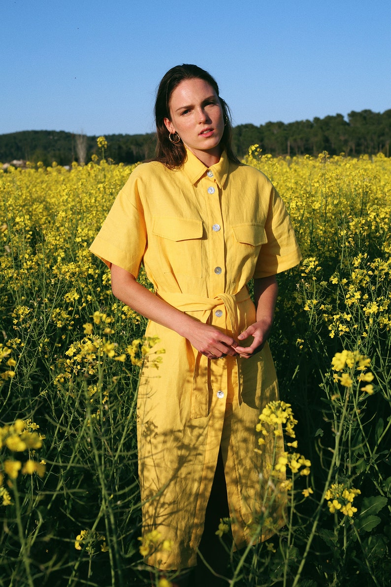 Yellow linen shirt dress image 2