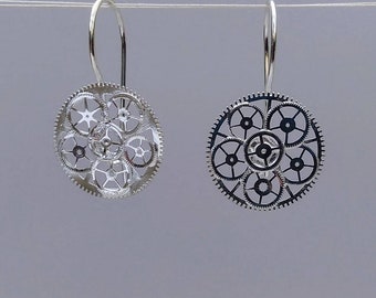 Silver Plated Recycled Watch Cog Filigree Ear Drop. Ear Wire Hooks at The Back to Secure.