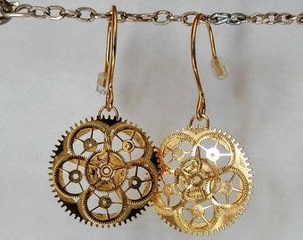 Recycled Watch Cog 9 Carat Gold Plated Filigree Free Eardrop Design