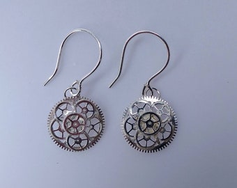 Silver Plated Recycled Watch Cog Filigree Earring. Free Moving Design.