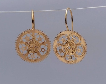 9 Carat Gold Plated Recycled Filigree Cog EarDrops with Fixed Hook at back
