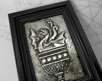 Dragon Chalice : hand embossed mythological repoussé metal wall art