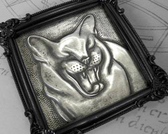 Yawning Cat : hand embossed repoussé metal wall art