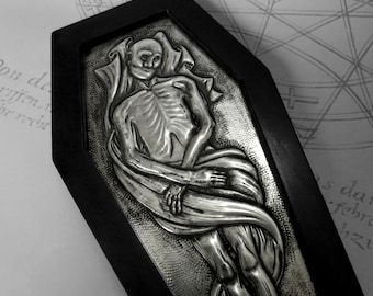 Coffin Transi : hand embossed memento mori repoussé metal wall art