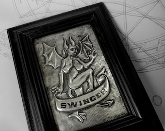 Swinger Demon : hand embossed mythological repoussé metal wall art