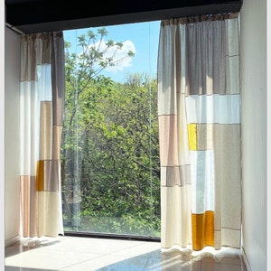 Modernized Bojagi(Pojagi) curtain made using traditional Korean patchwork skills. Custom sizes, colors and pattern designs are available.