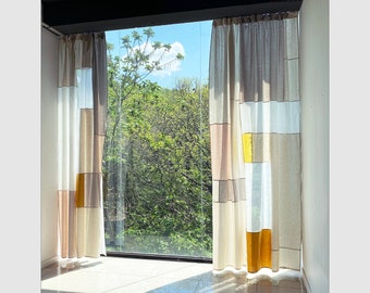 Modernized Bojagi(Pojagi) curtain made using traditional Korean patchwork skills. Custom sizes, colors and pattern designs are available.