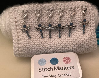 Stitch Makers 6 Handmade Too Shay Crochet Blue Dragonfly Stitch Makers with Tin