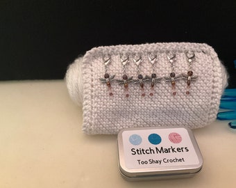 Stitch Makers 6 Handmade Too Shay Crochet Amethyst Dragonfly Stitch Makers with Tin