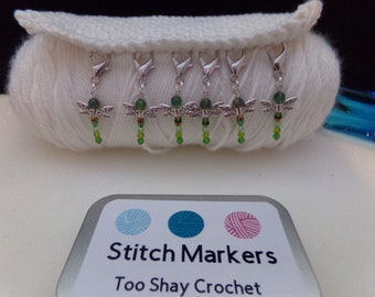 Stitch Makers 6 Handmade Too Shay Crochet Dragonfly Stitch Makers with Tin