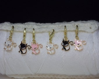 Stitch Markers 6 Handmade Too Shay Crochet Cat Stitch Markers with Tin, knitting crocheting yarn.