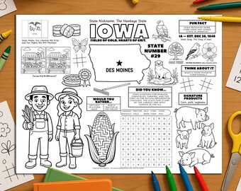Wydrukowana podkładka z ćwiczeniami z Iowa, stany USA | Arkusz ćwiczeń z geografii dla dzieci | Fakty o stanie Iowa do wydrukowania | Geografia do nauki w domu (PDF)