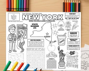 Wydrukowana podkładka z aktywnościami w Nowym Jorku ze stanami USA | Arkusz ćwiczeń z geografii dla dzieci | Fakty o stanie Nowy Jork do wydrukowania | Geografia do nauki w domu (PDF)