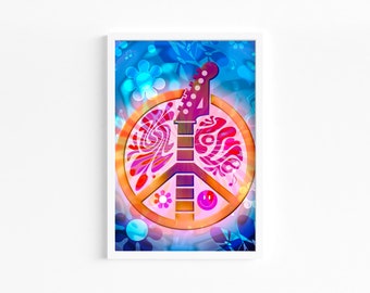 Znak pokoju z ilustracją gitary, cyfrowa grafika ścienna do pobrania, modny wystrój, motyw Flower Power w tym hołdzie dla lat 60. i 70.