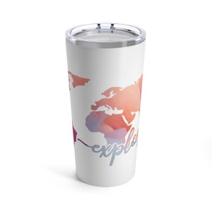 Erkunden Sie Edelstahlbecher 20 Unzen, doppelwandige Isolierung, rosa Weltkarte-Design, hält heiße oder kalte Getränke für Reisen, Geschenk für Reisende